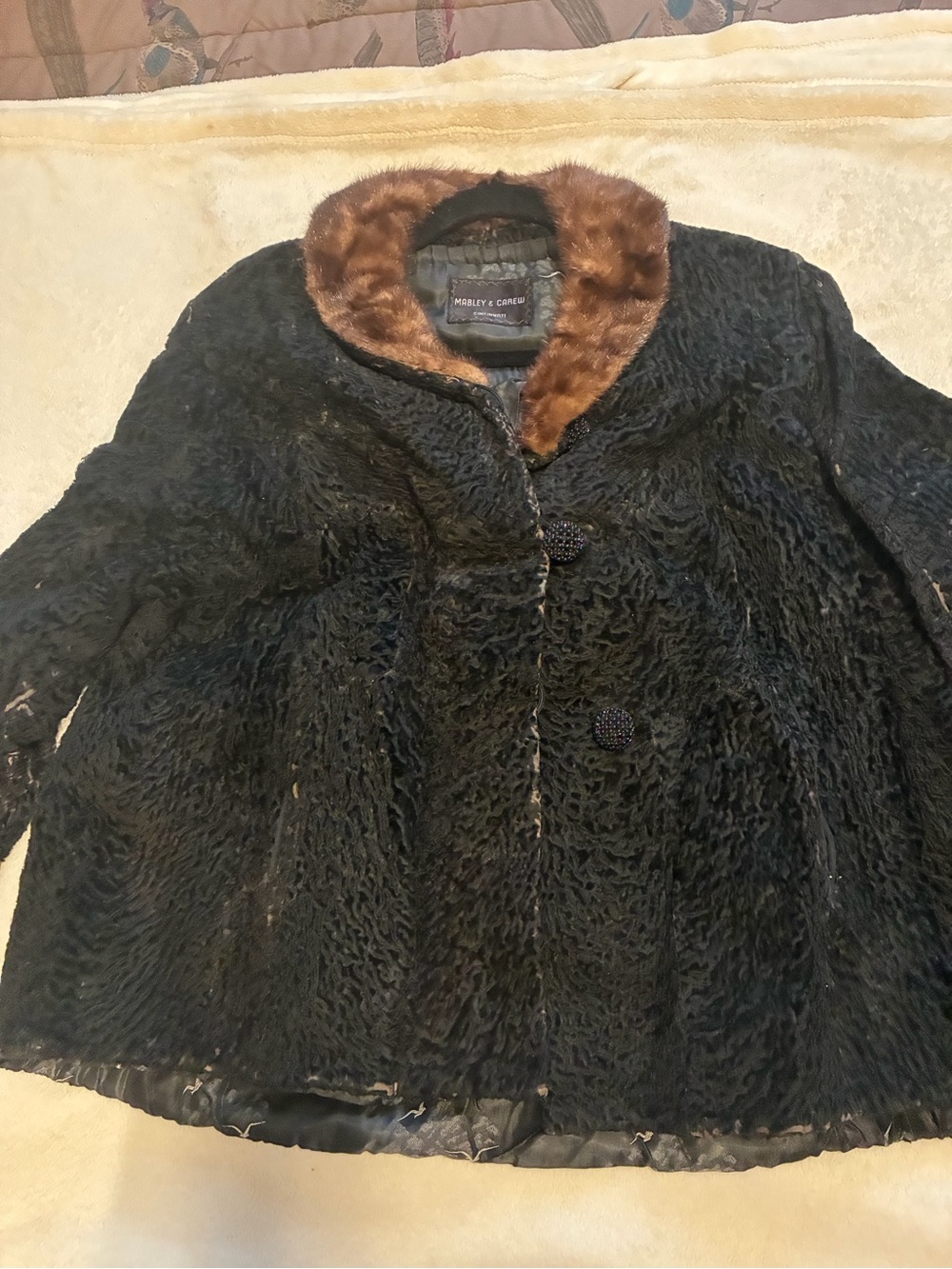 Black Persian Lamb Coat with Brown Fur Mink Collar